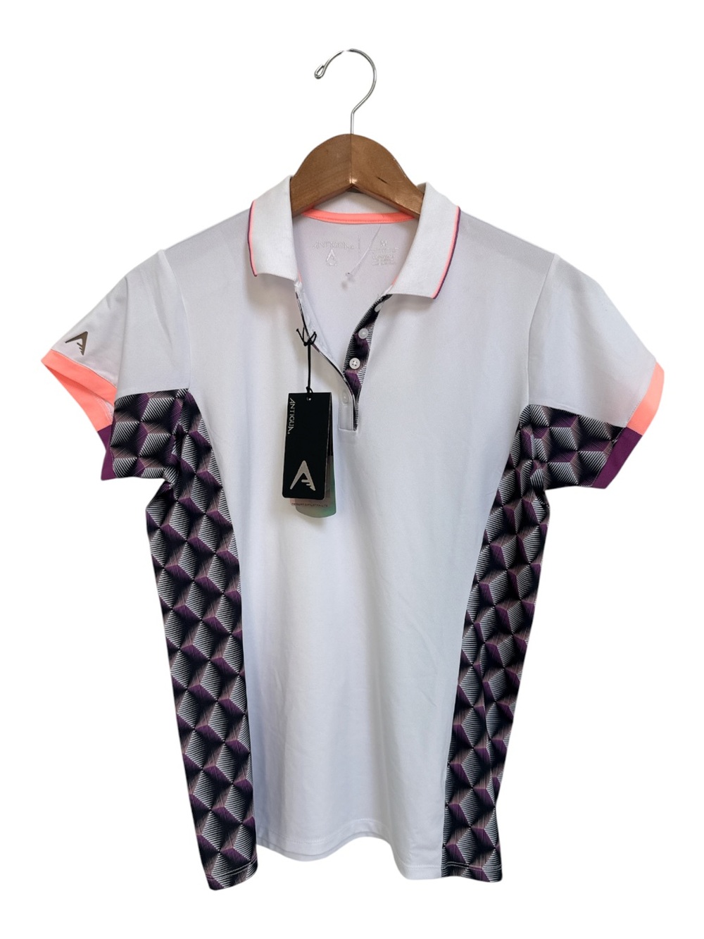 NWT Antigua White Golf Shirt with Geometric Panels